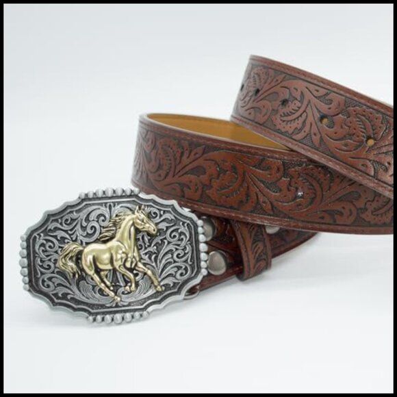 Western PU Leather Belt Floral Embossed Vintage Buckle Cowgirl Cowboy Style - Picture 6 of 7